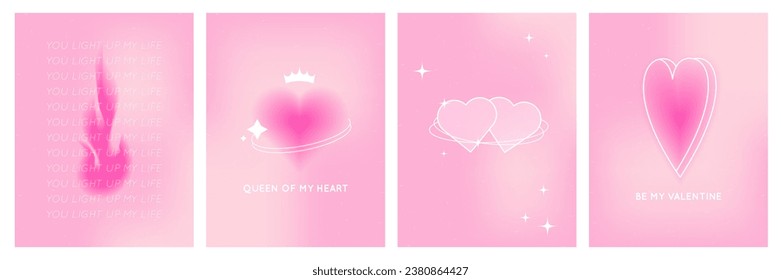 Y2k aesthetic Valentine’s day design poster set. Aura heart shape, glow pink gradient, love romantic concept. Modern card, banner, cover. Vector illustration.
