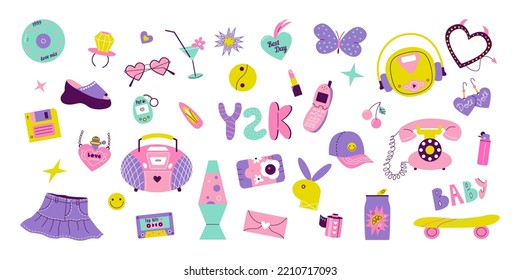 Elementos estéticos Y2k sobre fondo blanco. Colección de glamour de niñas estilo años 90's 2000. Ilustraciones vectoriales de dibujos animados para icono, pegatina, parche. Diseño gráfico de nostalgia moderna de los años 2000