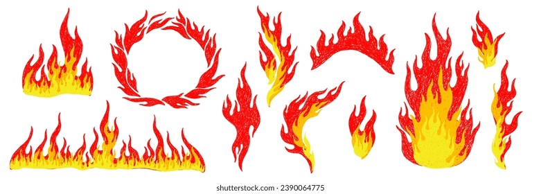 Y2k aesthetic fire flame stickers. Grunge pencil hand drawn elements. Vector illustration for collage, poster, banner.