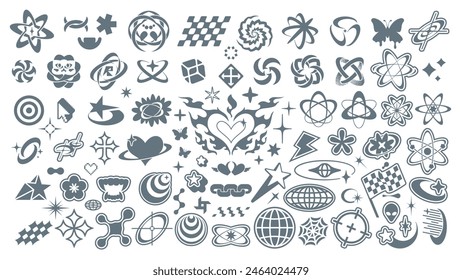 Y2K aesthetic shapes. Cyber geometric elements for retro-futuristic emblem, prints or poster designs