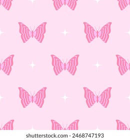 Y2K aesthetic geometric psychedelic seamless pattern with butterflies and stars. Abstract trendy retro background.