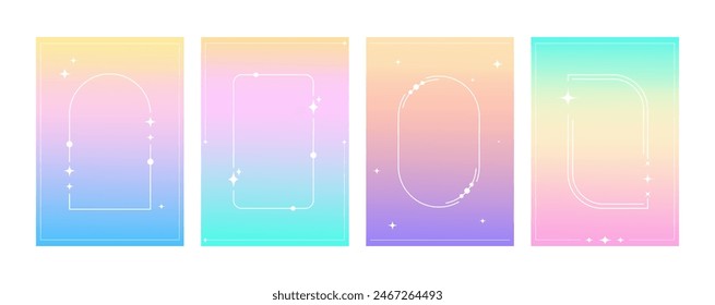 Y2K aesthetic gradient backgrounds set. 2000s style cover templates with linear geometric elements and stars.