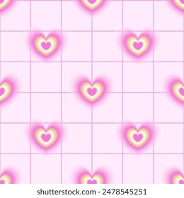 Y2K aesthetic grid seamless pattern with blurred hearts. Trendy abstract gradient background.