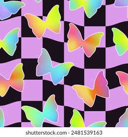 Y2K aesthetic grid seamless pattern with gradient butterflies. Abstract trendy minimalistic distorted background.