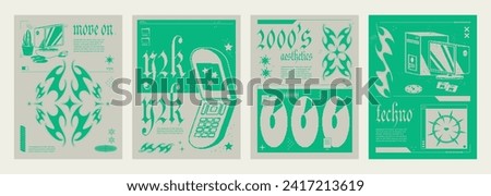 Y2k aesthetic groovy posters set. Vector realistic illustration of retrowave design flyers in green and beige colors, desktop computer, cellphone, CD, abstract icons on creative groovy graphic banner