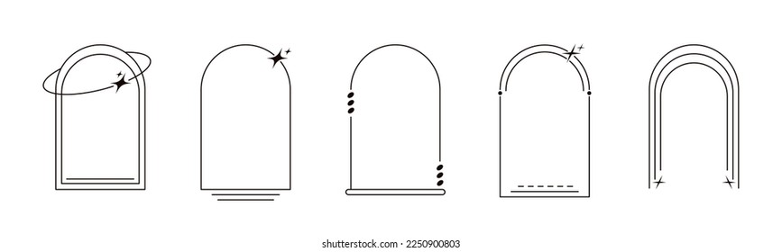 Y2k aesthetic line arch frame vector set. Trendy minimalist linear oval arches elements with stars, blings. Minimal style boho borders. Geometric design for logo, badge, social media