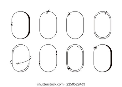 Y2k aesthetic line frame vector set. Trendy minimalist linear oval shaped elements with stars, blings. Minimal style boho borders. Geometric design for logo, badge, social media