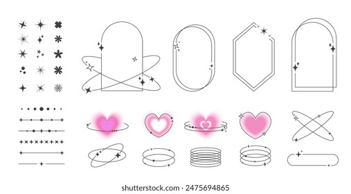Y2K aesthetic line trendy shapes set. Blurred and linear design elements with stars.