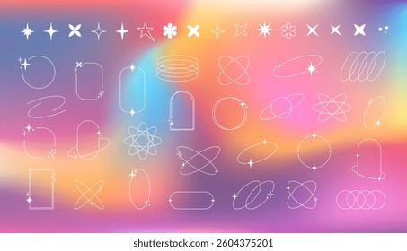 Y2K aesthetic linear elements on colorful blurred gradient background. Outline shapes vector set Boho style. Abstract various white frames with sparkle stars, flowers. Line art decorations