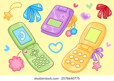 Y2k aesthetic mobile phones set - colorful flip devices in green, purple, yellow colors decorated with hearts and stars pendant, bows and beaded ornaments. Retro gadgets design for nostalgic trend.