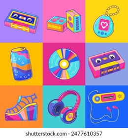 Y2k aesthetic pattern. Vector colorful collage of 90s pop culture items like cassette tapes, lava lamps, headphones, and bubble gum, capturing vibrant nostalgia.