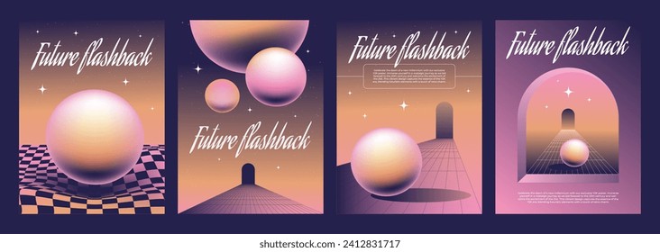 Y2k aesthetic poster and banner design layout with perspective grid surface and ball on gradient background. Vector set of retro cover and flyer template in 2000s style with wireframe elements.