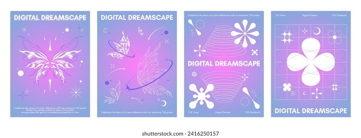 Y2k aesthetic poster design with abstract simple shape and tribal butterfly ornament on pastel pink and blue aura gradient background. Vector set of retro futuristic 2000s style banner template.