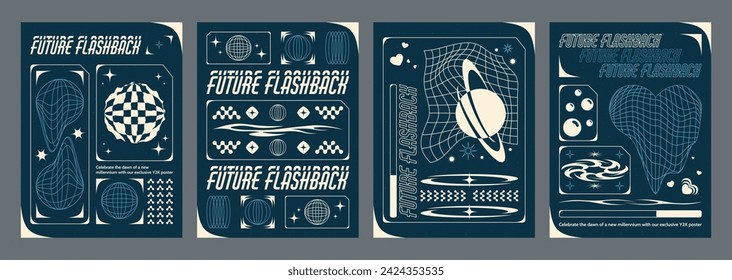 Y2k aesthetic poster design template with abstract grid acid liquid shape and sticker. Cover or banner layout in trendy retro futuristic cyberpunk style with wireframe ornament, heart, planet figure.