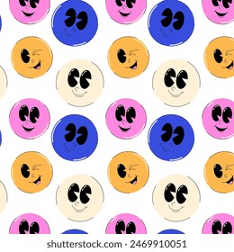 Y2K aesthetic. Retro seamless pattern 90s style. Groovy characters with eyes and smile face and leaves. Vector illustration