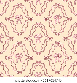 Y2k aesthetic ribbon bow frame seamless pattern. Perfect print for fabric, paper, textile. Hand drawn vector illustration.
