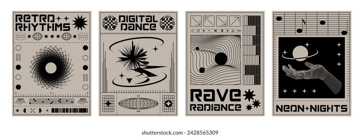 Y2k aesthetic science banners. Vector illustration of retrowave style posters with wireframe hand, planet globe, landscape shapes on gray background, retro futuristic vibe art, 90s aesthetic flyers