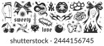 Y2k aesthetic set. Tattoo art signs of 2000s style. Y2k symbols, goth chain, heart, rose, flame, bow, snake, brass knuckles, mouth, star, cherry, blackthorn, smile. Vector tattoo line modern stickers