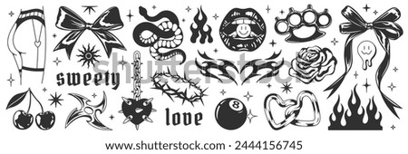 Y2k aesthetic set. Tattoo art signs of 2000s style. Y2k symbols, goth chain, heart, rose, flame, bow, snake, brass knuckles, mouth, star, cherry, blackthorn, smile. Vector tattoo line modern stickers