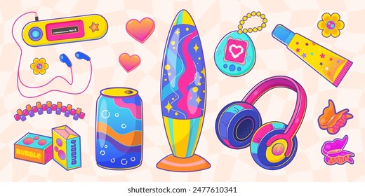 Y2k aesthetic set. Vector collection of retro 90s 2000s pop culture items including mp3 player, lava lamps, headphones, etc, perfect for nostalgic designs..