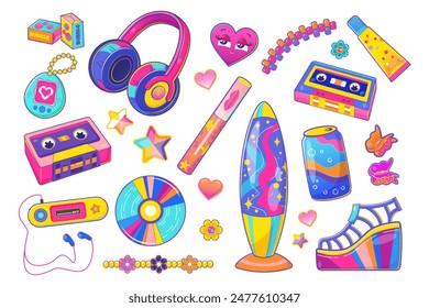 Y2k aesthetic set. Vector collection of retro 90s 2000s pop culture items including cassette tapes, lava lamps, headphones, etc, perfect for nostalgic designs.