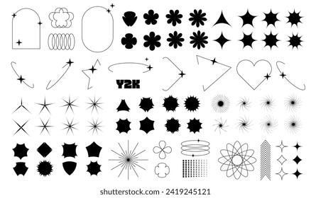 Y2k Aesthetic Shape modern Simple Graphic of sparkles and flowers set. Retro Geometric shape with star, circle form and frame. Abstract y2k form. Minimal aesthetic design. Trendy vector illustration.