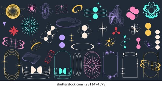 Y2k Aesthetic Shape modern Sipmle Graphic on dark background. Retro Geometric shape with star, circle form and frame. Set Abstract y2k form. Minimal aesthetic design. Trendy vector illustration.