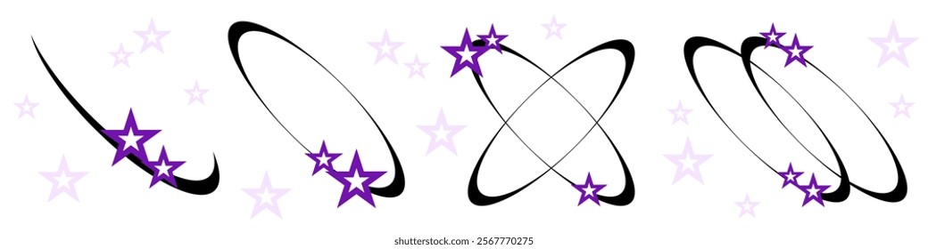 Y2K Aesthetic Sparkling Stars with Retro Curved Lines on a White Background, Trendy Minimalistic Abstract Design for Futuristic Digital Graphics, Posters and Illustration Resources
