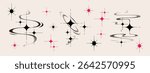 Y2k aesthetic star shapes set with sparkles and swirls in black gradient and pink colors - retro elements for tattoo design. Nostalgic 2000s cosmic symbols with orbital rings and starburst patterns.
