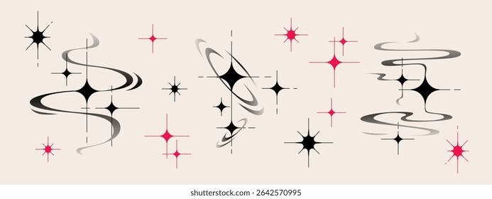 Y2k aesthetic star shapes set with sparkles and swirls in black gradient and pink colors - retro elements for tattoo design. Nostalgic 2000s cosmic symbols with orbital rings and starburst patterns.
