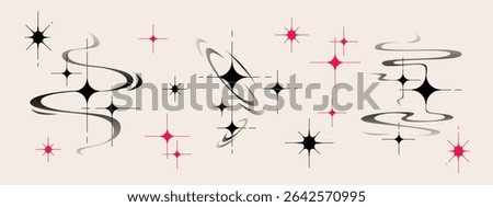 Y2k aesthetic star shapes set with sparkles and swirls in black gradient and pink colors - retro elements for tattoo design. Nostalgic 2000s cosmic symbols with orbital rings and starburst patterns.