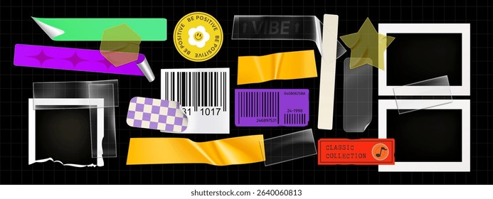 Y2k aesthetic sticker collection with photo frames, barcode labels and retro elements - realistic vibrant design pack for nostalgic scrapbooking, digital collage and millennial style graphics.