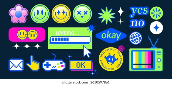 Y2k aesthetic sticker pack in bright neon colors and pixel art style with positive phrases, smiles and hearts, stars and shapes, girl face. Fun retro nostalgic 90s graphic elements for trendy designs.