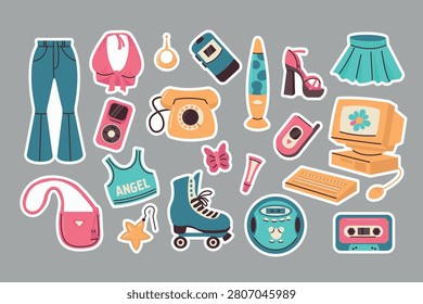 Y2K Aesthetic Sticker Set with Cute Retro Gadgets and Vintage Fashion Elements