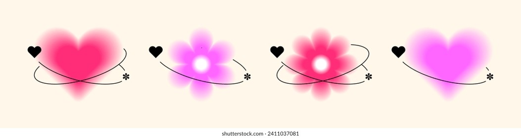 Y2k aesthetic trendy hearts and flowers with blur. Aura around shapes with gradient gradation. Collection of cute vector forms on a light background.