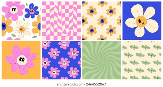 Y2K aesthetic. Trendy retro card in vintage 2000s style. Groovy characters with eyes and smile face, leaves, wave, chess, swirle. Vector backgrounds set.