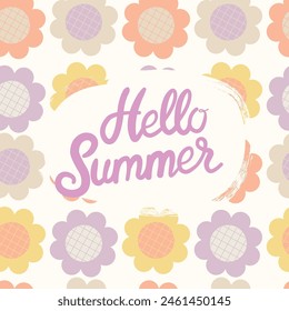 Y2K aesthetics, Groovy Daisy Flowers Summer Card with lettering Hello Summer. Floral Vector Card in 1970s Hippie Retro Style.