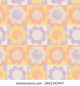 Y2K aesthetics, Groovy Daisy Flowers Seamless Pattern with texture in swatches. Floral Vector Background in 1970s Hippie Retro Style for Print on Textile, Wrapping Paper, Web Design and Social Media.
