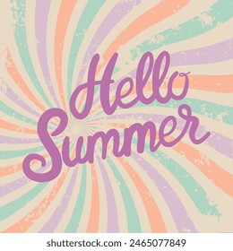 Y2K aesthetics, Groovy wavy Summer Card with lettering Hello Summer. Floral Vector Card in 1970s Hippie Retro Style