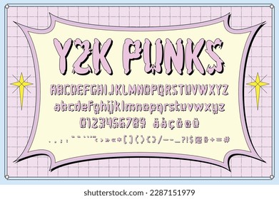 Y2K Aesthetics Neobrutalism Font Set. Retro wave trend. Anti-design typeface for posters and flyers.