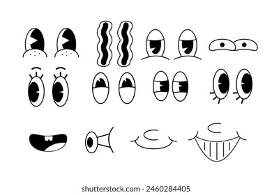 Y2K aesthetics, retro cartoon mascot characters funny faces. Old animation eyes and mouths elements. Vintage comic smile for logo vector set. Smiley caricatures with happy and cheerful emotions