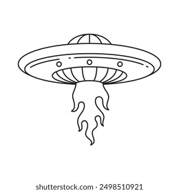 Y2k alien spaceship saucer launch with burning flame pop art outline icon vector illustration. Futuristic UFO outer space travel humanoid transportation science fiction invasion vessel t shirt print