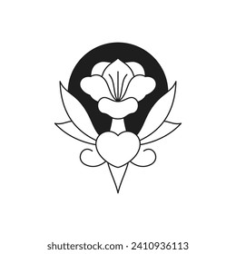 Y2k ancient mythology flower with heart symbol of love monochrome line retro groovy icon vector illustration. Antique mystic sacred floral cartoon element minimal trendy sticker for tattoo