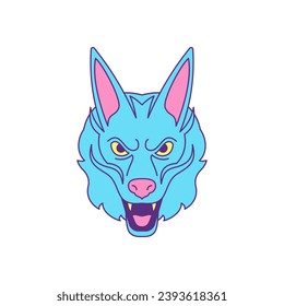 Y2k angry canine wolf surreal monster head cartoon character groovy style icon vector flat illustration. Aggressive horror wild predator animal portrait trendy sticker for t shirt print