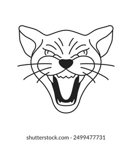 Y2k angry roaring cat feline wild animal black tattoo outline icon vector flat illustration. Aggressive powerful kitten panther screaming with open mouth monochrome groovy t shirt print