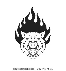 Y2k angry roaring wolf with burning flame gothic black tattoo outline icon vector flat illustration. Aggressive powerful coyote wild animal canine predator portrait fire blaze artwork t shirt print