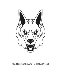 Y2k animal de lobo enojado Halloween horror monstruo cabeza monocroma línea retro groovy icono ilustración vectorial. Agresivo retrato de animales salvajes con coyote canino espeluznante marca de camiseta simple de pegatina mínima