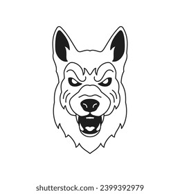 Y2k angry wolf canine predator animal portrait monochrome line retro groovy icon vector illustration. Aggressive wild dog coyote muzzle minimal trendy sticker for tattoo simple t shirt print