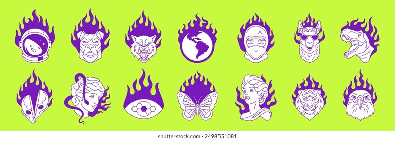 Y2k animals heads with flames in tattoo pop art style vector illustrations set. Psychedelic trendy neo gothic graphics for sticker, print and t-shirt design