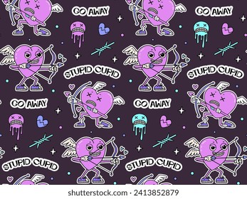 Y2k anti valentine seamless pattern. elements in trendy 2000s style. Heart shaped naughty cupid characters with bow, arrow in 90s, 00s aesthetic. Stupid cupid go away. Hand drawn vector illustration.